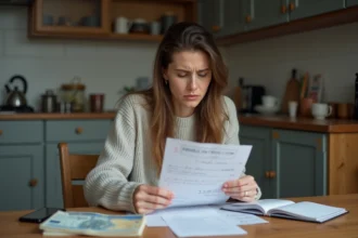 Femme inquiète vérifiant un relevé bancaire à la maison