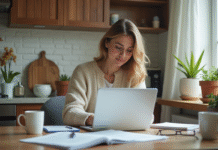 Femme concentrée utilisant un calculateur financier à la maison