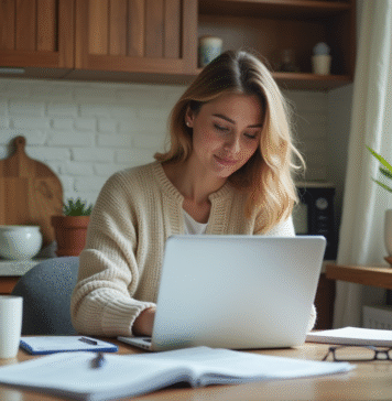 Femme concentrée utilisant un calculateur financier à la maison