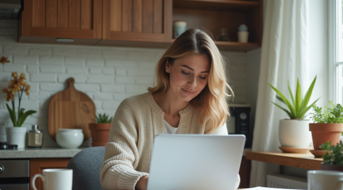 Femme concentrée utilisant un calculateur financier à la maison