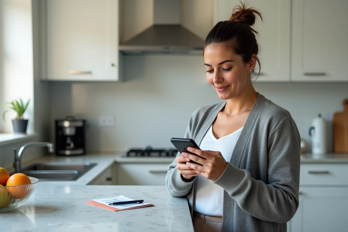 Femme consultant son application bancaire pour vérifier un virement FDJ en attente sur smartphone