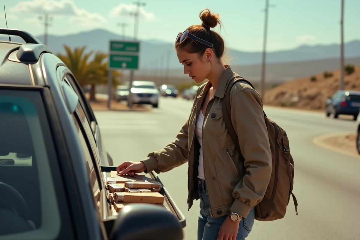 Jeune femme préparant ses cartons de tabac dans un parking espagnol
