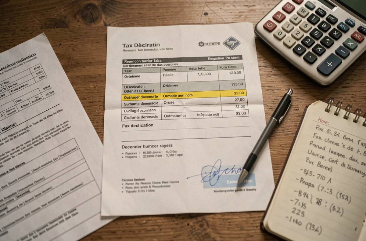 Vue aérienne d'une fiche de paie française avec heures supplémentaires surlignées, formulaire fiscal et calculatrice sur une table en bois, illustrant l'augmentation de l'imposition