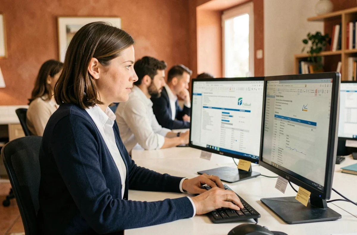 Comptable du cabinet Fidsud concentrée sur l'analyse de données financières dans un bureau régional du sud de la France