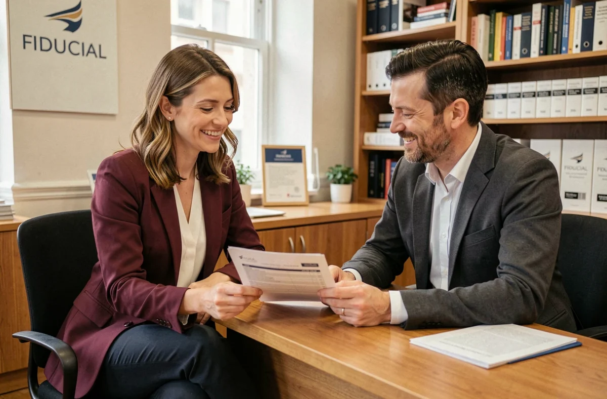 Conseillère Fiducial aidant un client PME à comprendre sa déclaration fiscale dans une agence parisienne chaleureuse