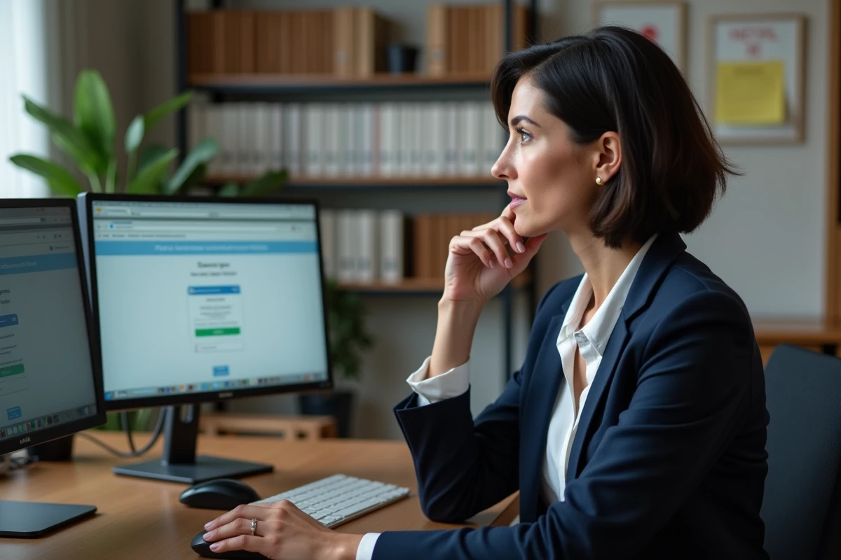 Femme fonctionnaire face à un problème de connexion sur le portail CDC Banque des territoires dans un bureau administratif