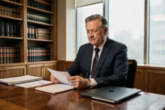Homme d'affaires en costume sombre assis à un bureau avec des documents financiers, évoquant la fortune et la discrétion patrimoniale d'André-Louis Auzière