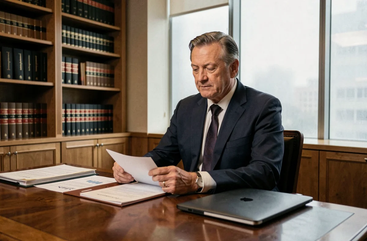 Homme d'affaires en costume sombre assis à un bureau avec des documents financiers, évoquant la fortune et la discrétion patrimoniale d'André-Louis Auzière