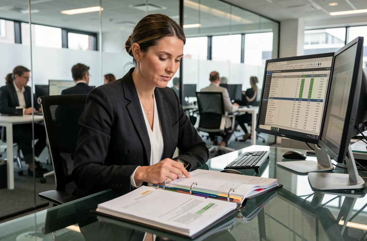 Directrice audit de Forvis Mazars Paris consultant un dossier d'audit dans un bureau moderne à cloisons vitrées