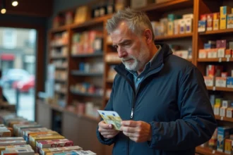 Fumeur français examinant un paquet de cigarettes dans un bureau de tabac suisse près de la frontière franco-suisse avec des billets en euros à la main