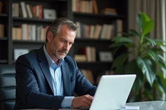 Homme en costume marine consultant son espace bancaire privé BNP Paribas sur un ordinateur portable dans un bureau élégant