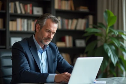 Homme en costume marine consultant son espace bancaire privé BNP Paribas sur un ordinateur portable dans un bureau élégant
