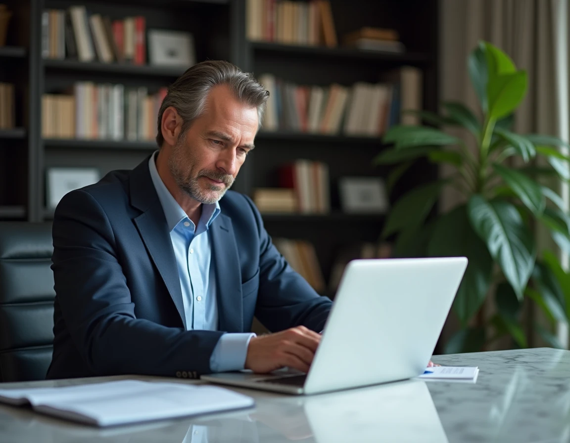 Homme en costume marine consultant son espace bancaire privé BNP Paribas sur un ordinateur portable dans un bureau élégant