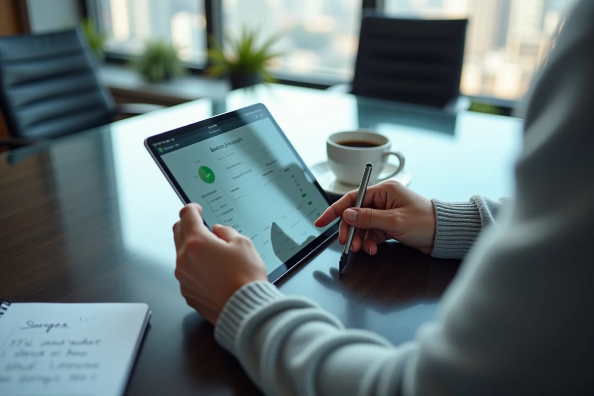 Gros plan de mains naviguant sur l'interface d'export de relevés Société Générale Progéliance sur une tablette en salle de réunion