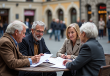 Meilleur système de retraite par pays : choix et comparatif Groupe de quatre adultes âgés discutant à un café européen