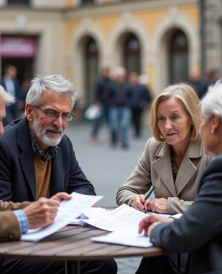 Groupe de quatre adultes âgés discutant à un café européen