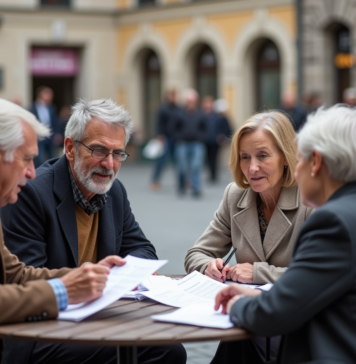 Meilleur système de retraite par pays : choix et comparatif Groupe de quatre adultes âgés discutant à un café européen