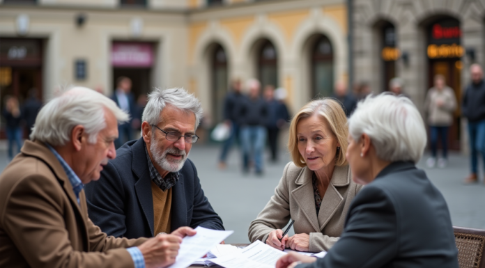 Groupe de quatre adultes âgés discutant à un café européen