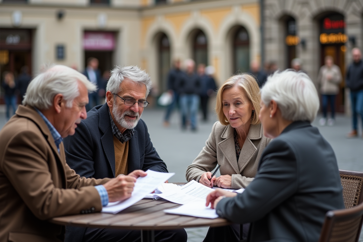 Groupe de quatre adultes âgés discutant à un café européen