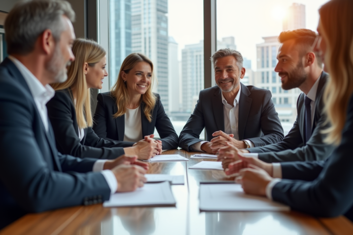 groupe-professionnels-conference Groupe de professionnels en réunion de travail en entreprise
