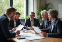 Groupe de professionnels et retraités autour d'une table en France