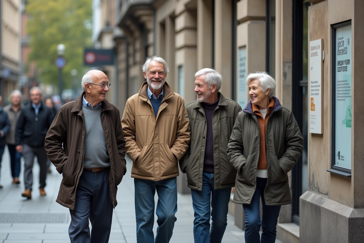 Groupe de retraités discutant devant un bâtiment de pension