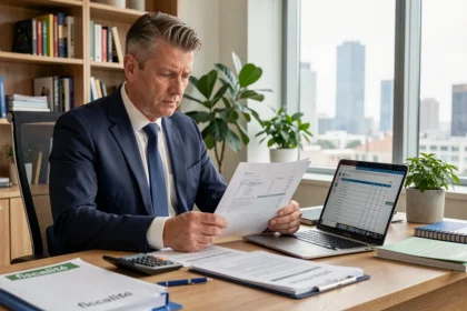 Un homme d'affaires de 45 ans en costume marine examine des documents fiscaux et un écran d'ordinateur dans un bureau moderne, illustrant la gestion de défiscalisation via une SCPI fiscale
