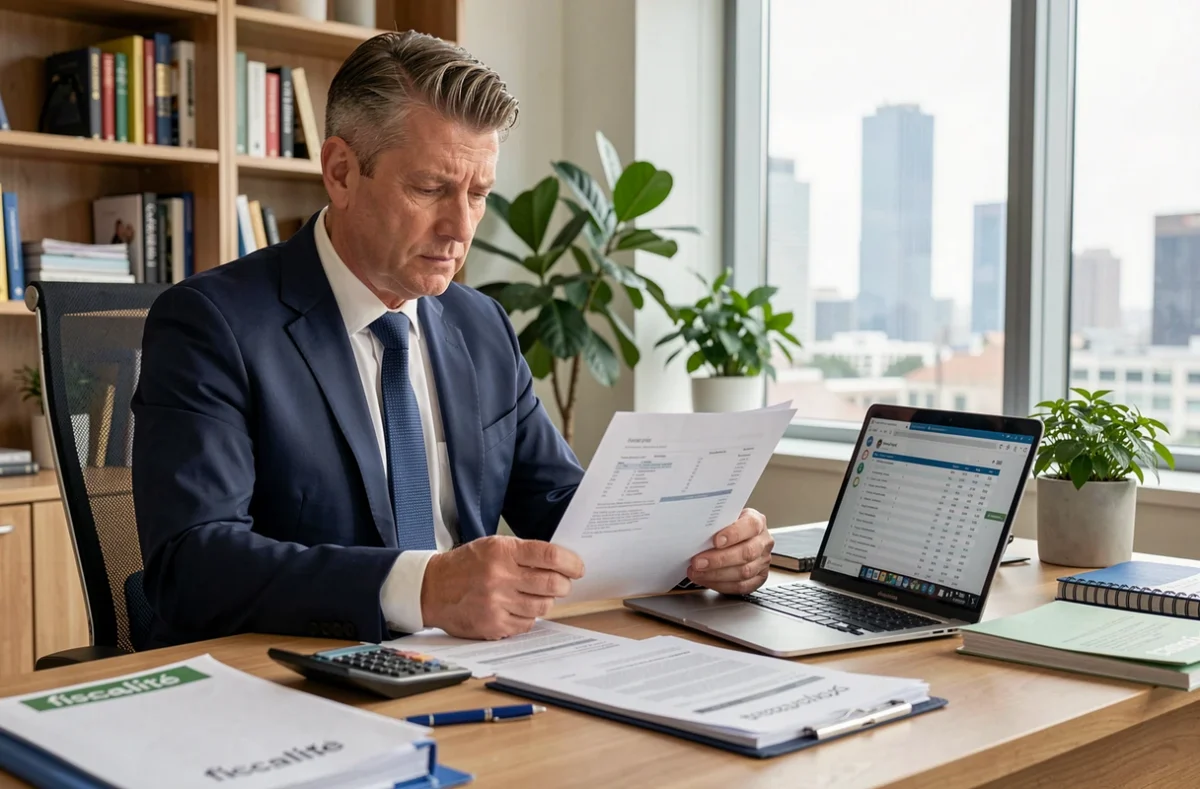 Un homme d'affaires de 45 ans en costume marine examine des documents fiscaux et un écran d'ordinateur dans un bureau moderne, illustrant la gestion de défiscalisation via une SCPI fiscale
