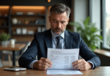 Assurance vie : quel pourcentage l’état prend-il sur les gains ? Homme d'affaires examine un relevé financier dans un intérieur élégant