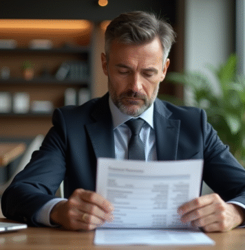 Assurance vie : quel pourcentage l’état prend-il sur les gains ? Homme d'affaires examine un relevé financier dans un intérieur élégant
