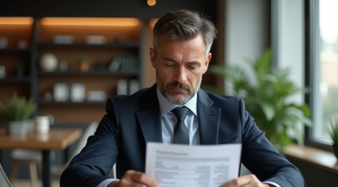 Homme d'affaires examine un relevé financier dans un intérieur élégant