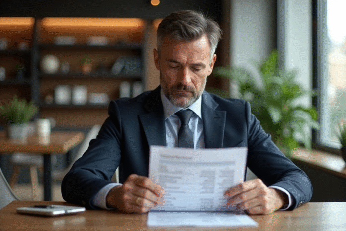 homme-affaires-finances Homme d'affaires examine un relevé financier dans un intérieur élégant