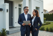 Homme d'affaires en costume bleu près d'une maison moderne