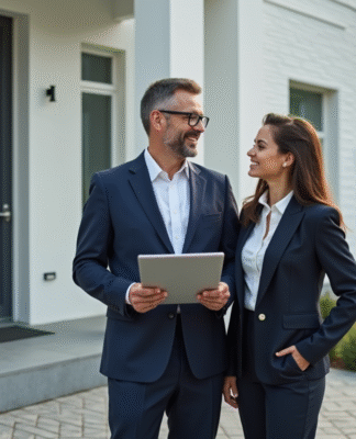 Homme d'affaires en costume bleu près d'une maison moderne