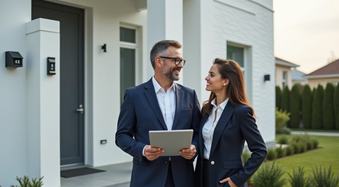 Homme d'affaires en costume bleu près d'une maison moderne