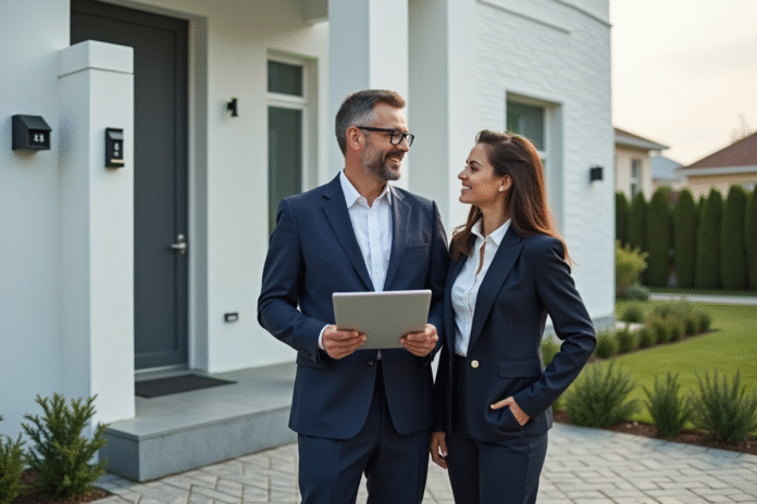 Homme d'affaires en costume bleu près d'une maison moderne