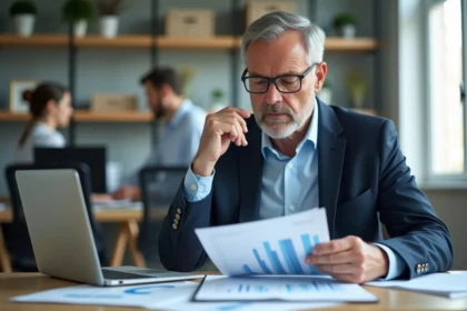 Homme d'affaires en bureau regardant des graphiques financiers