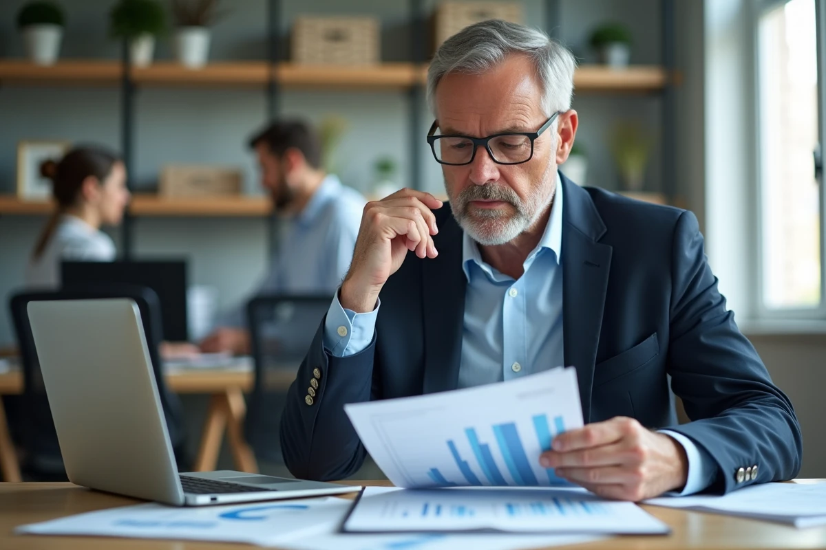 Homme d'affaires en bureau regardant des graphiques financiers