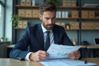 Homme d'affaires en costume analysant un rapport de profit