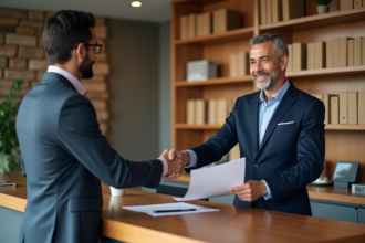 Homme d'affaires en costume marine serre main avec conseiller bancaire