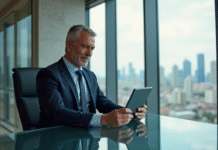 Homme d'affaires en costume analysant des finances dans un bureau moderne