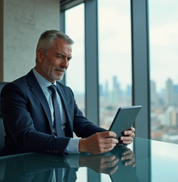 Homme d'affaires en costume analysant des finances dans un bureau moderne