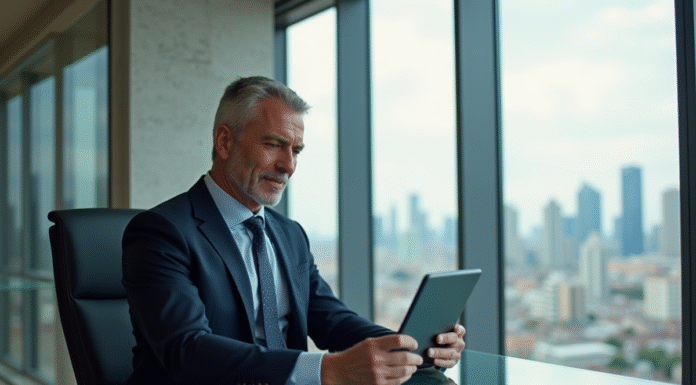Homme d'affaires en costume analysant des finances dans un bureau moderne