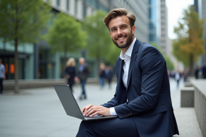 Jeune homme d'affaires avec ordinateur et graphique Solana