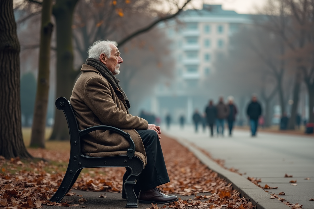 Homme âgé assis sur un banc dans un parc en automne
