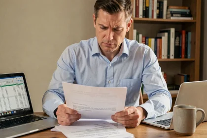 Homme analysant un document de crédit immobilier à son bureau, illustrant les inconvénients d'un prêt Casden et l'impact sur le coût total
