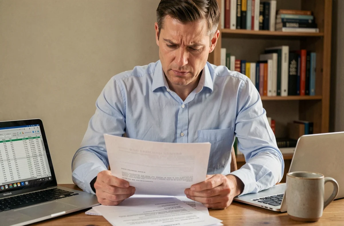 Homme analysant un document de crédit immobilier à son bureau, illustrant les inconvénients d'un prêt Casden et l'impact sur le coût total