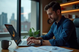 Homme analysant des graphiques de prévision Bitcoin 2030 sur un ordinateur portable dans un bureau moderne