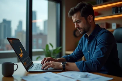 Homme analysant des graphiques de prévision Bitcoin 2030 sur un ordinateur portable dans un bureau moderne