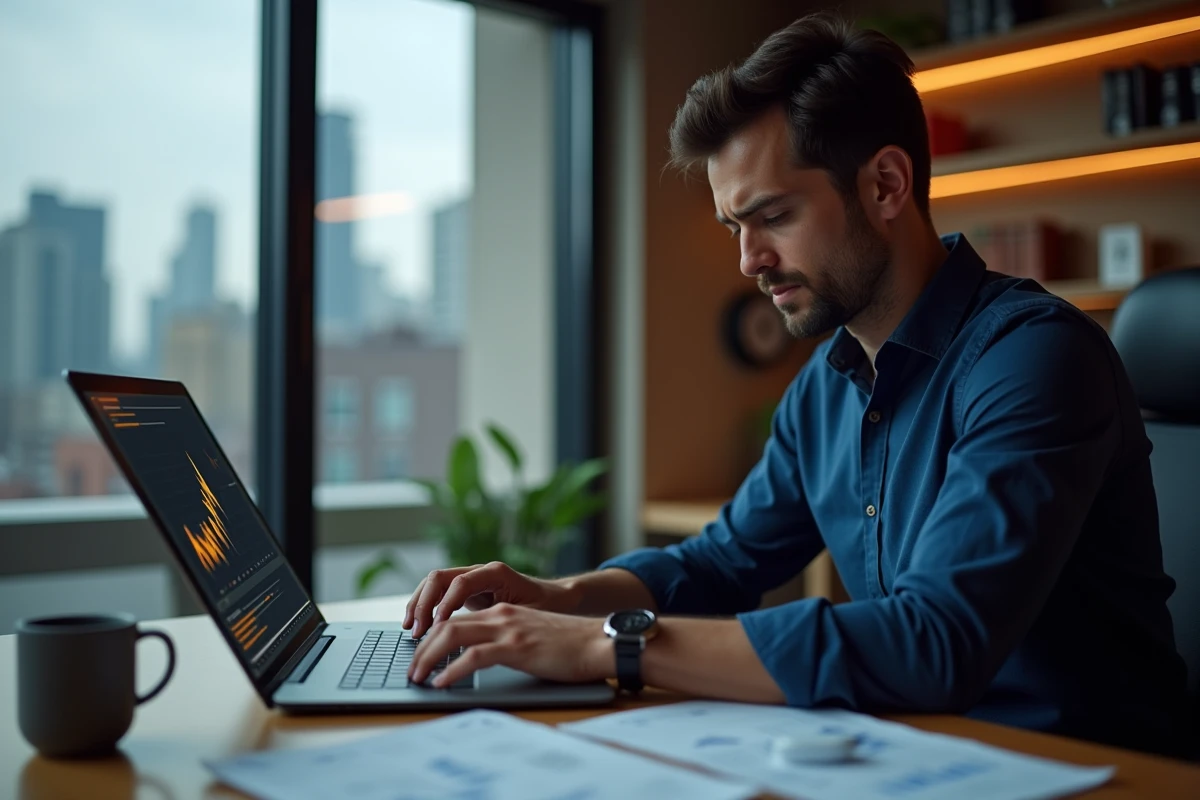 Homme analysant des graphiques de prévision Bitcoin 2030 sur un ordinateur portable dans un bureau moderne